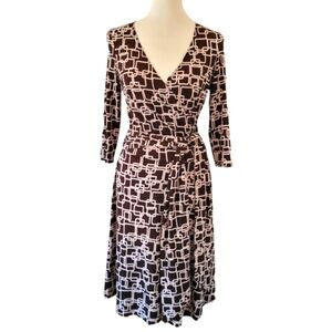 Vintage - 90's Brown and Cream Geometric Big Sash Full Skirt Midi Dress‎